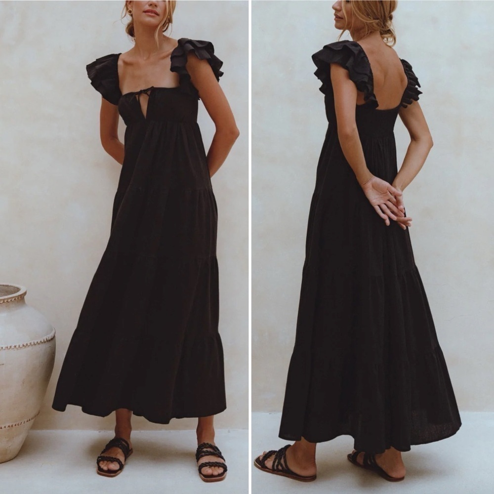 ELF Made By Hand Nymph Bohemian Linen Ruffle Maxi Dress‎